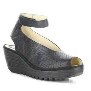 Fly London Yala' Black Perforated Leather Sandal Size 10